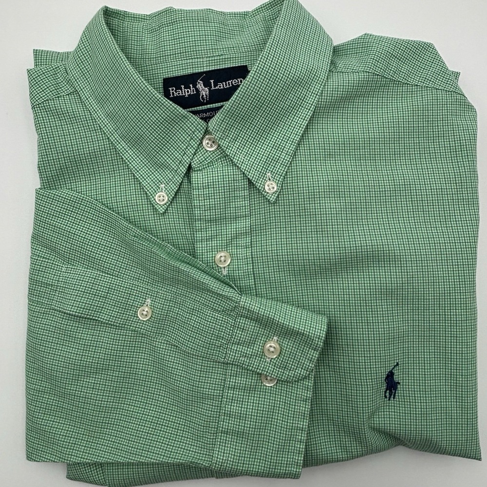 Ralph Lauren Yarmouth Shirt 16.5 32/33 Mens L Green Gingham Check Cotton Pony - Picture 2 of 11